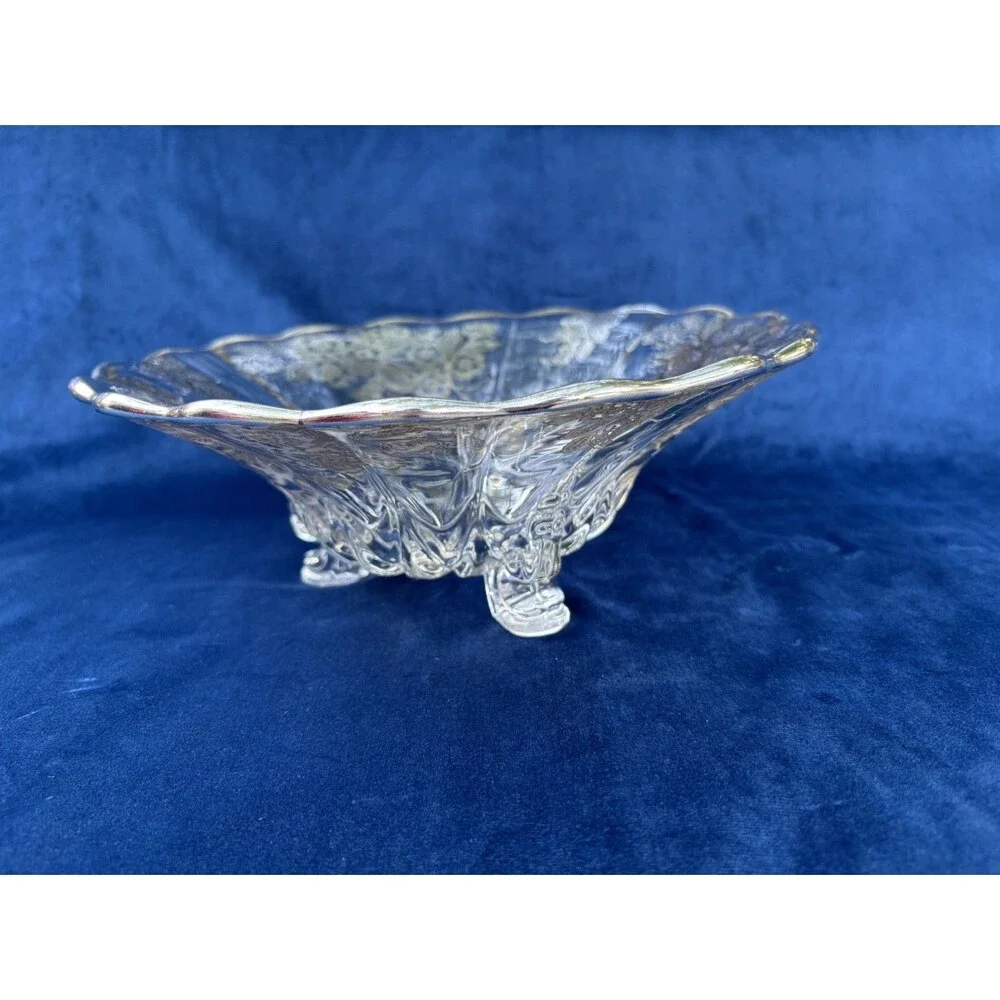 Vintage Floral Etched Glass Compote Bowl on Three Feet Decorative Centerpiece